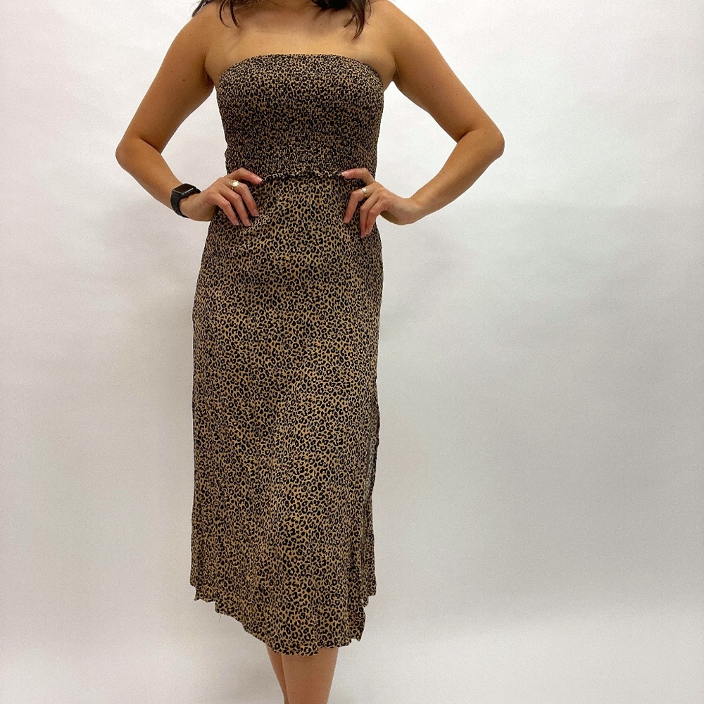leopard print strapless midi dress